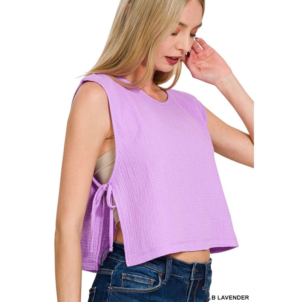 Zenana - Double Gauze Side Tie Sleeveless Top - Large